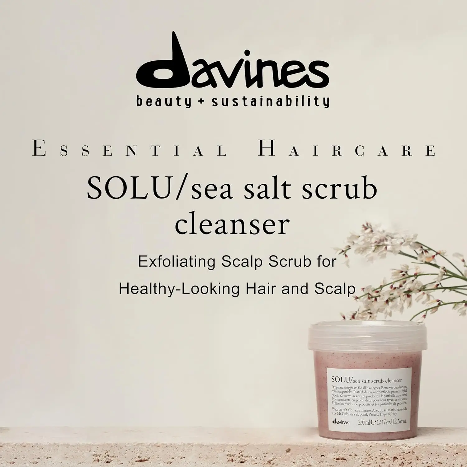 Davines Solu Sea Salt Scrub Cleanser for oily hair, weighing 0.36kg, with dimensions of 6.6cm x 8.6cm x 8.6cm. Apply to wet hair, massage scalp, add water, and rinse.