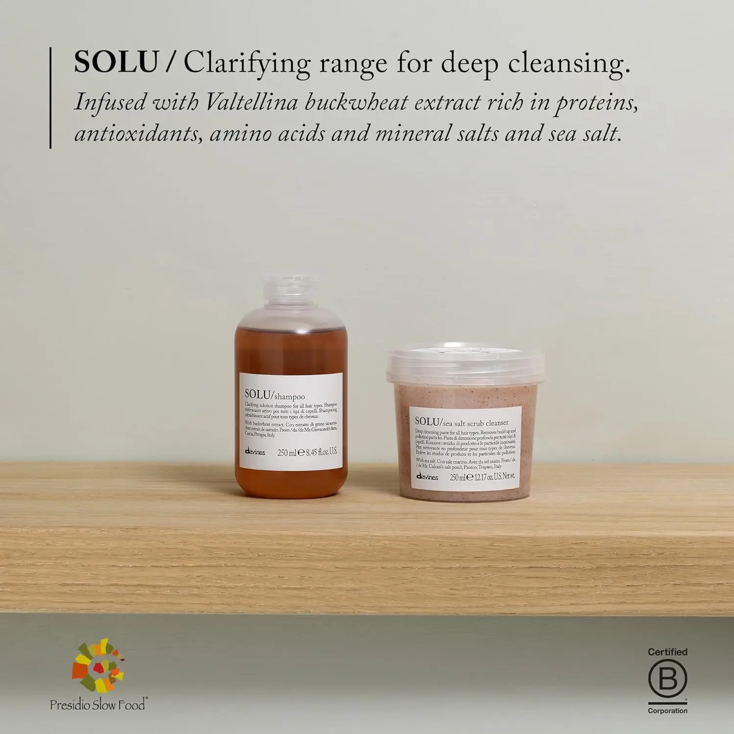 Davines Solu Sea Salt Scrub Cleanser for oily hair, weighing 0.36kg, with dimensions of 6.6cm x 8.6cm x 8.6cm. Apply to wet hair, massage scalp, add water, and rinse.