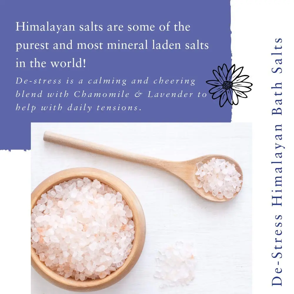 Pink Himalayan bath salts infused with chamomile, lavender, bergamot, and jasmine essential oils for a relaxing and detoxifying aromatherapy experience.