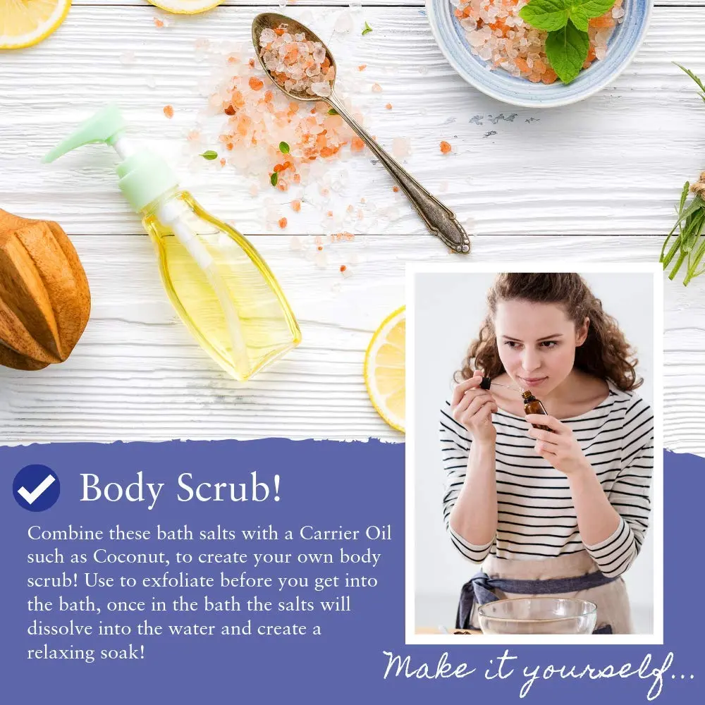 Pink Himalayan bath salts infused with chamomile, lavender, bergamot, and jasmine essential oils for a relaxing and detoxifying aromatherapy experience.