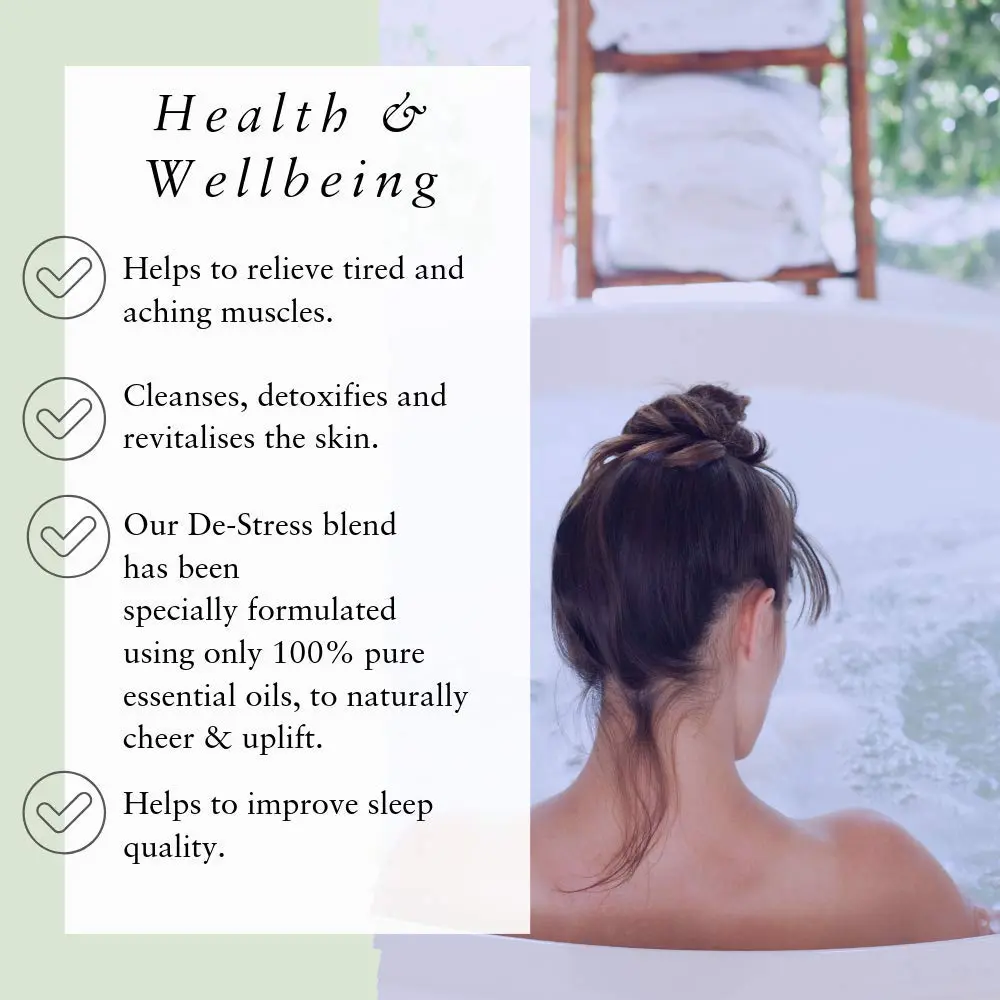 Pink Himalayan bath salts infused with chamomile, lavender, bergamot, and jasmine essential oils for a relaxing and detoxifying aromatherapy experience.