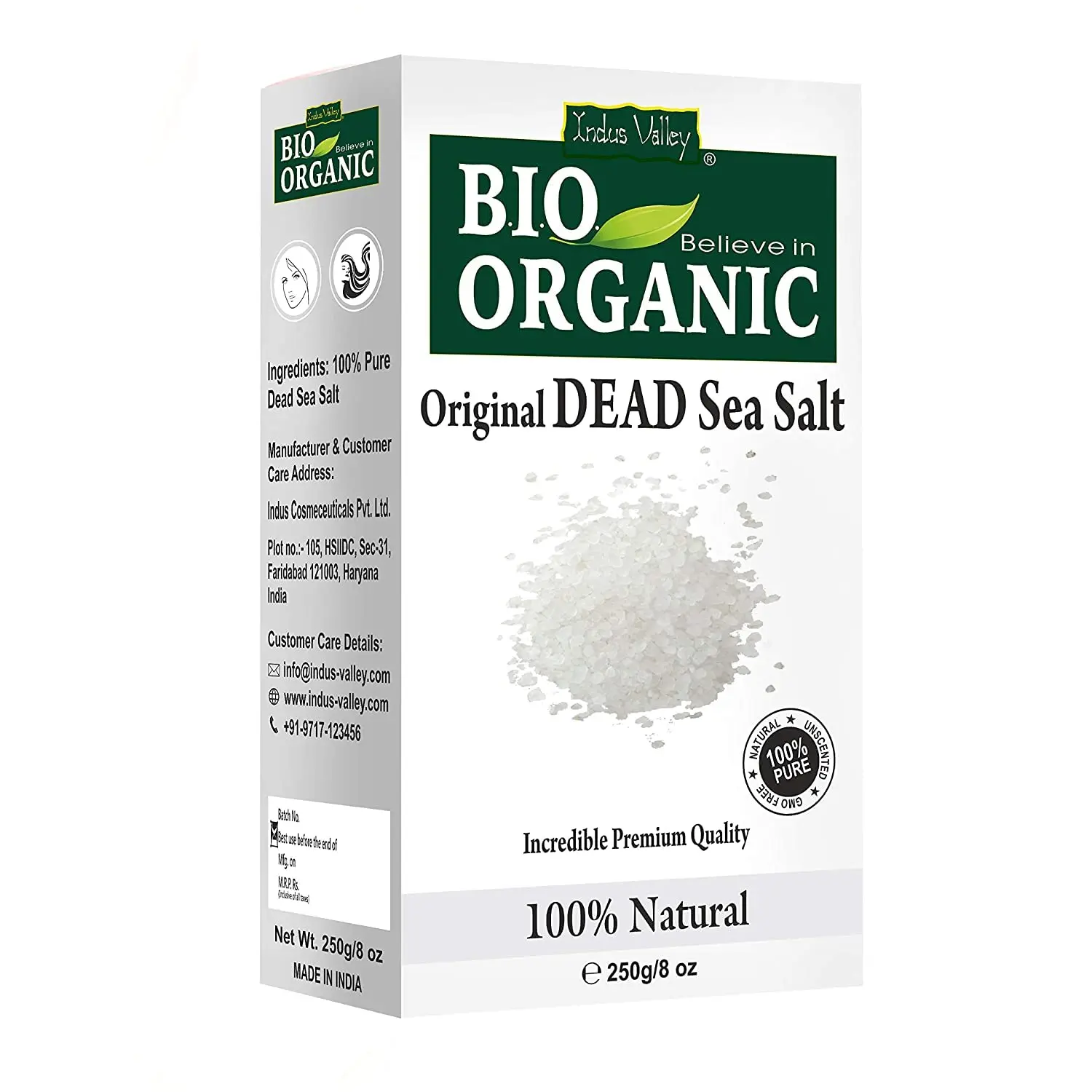 Indus Valley Dead Sea Salt is a 100% pure and natural product that hydrates skin, strengthens nails, clears the scalp, and promotes healthy hair growth.