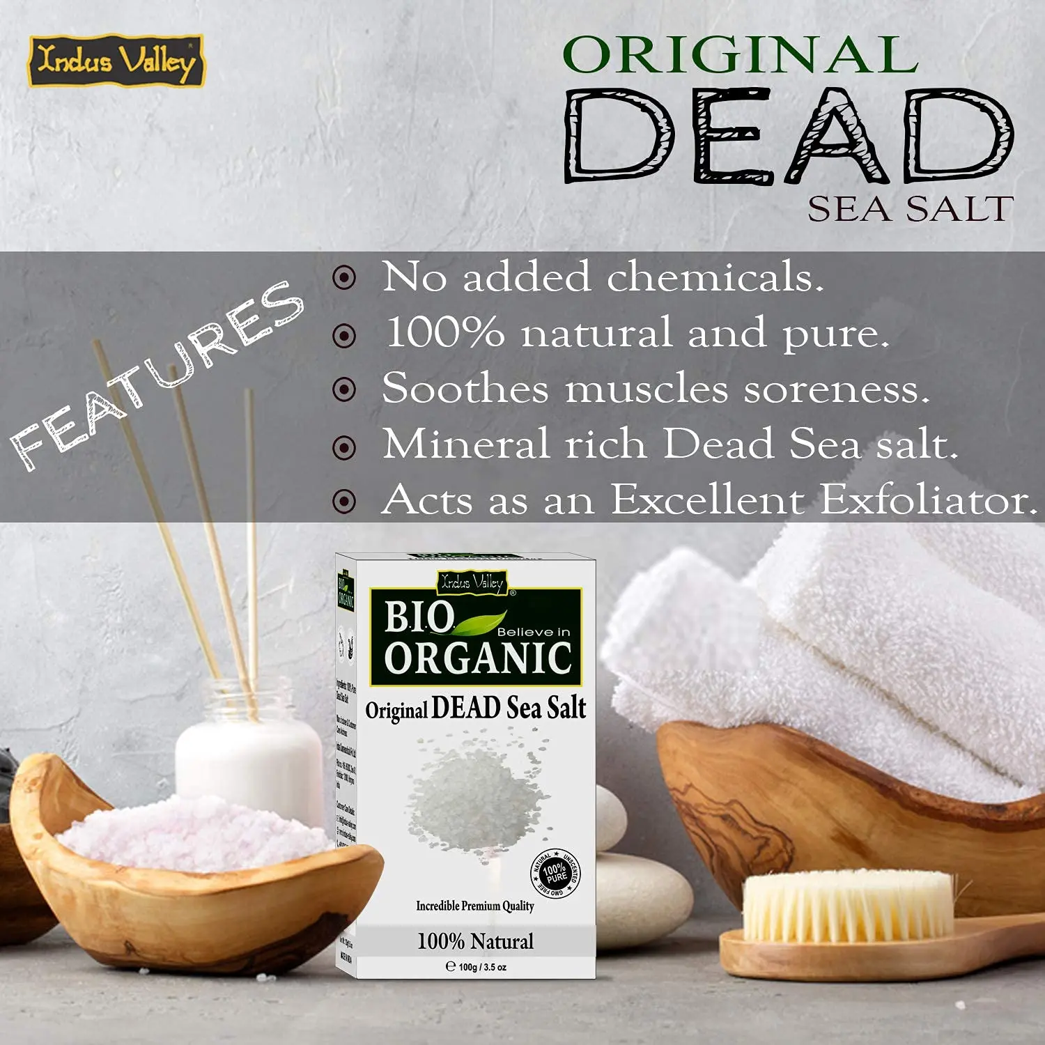 Indus Valley Dead Sea Salt is a 100% pure and natural product that hydrates skin, strengthens nails, clears the scalp, and promotes healthy hair growth.