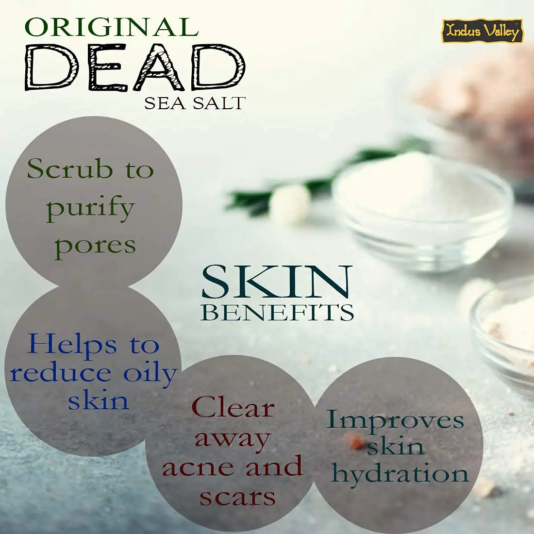 Indus Valley Dead Sea Salt is a 100% pure and natural product that hydrates skin, strengthens nails, clears the scalp, and promotes healthy hair growth.