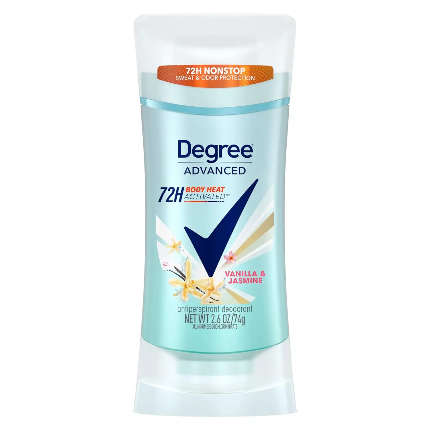 Degree Vanilla and Jasmine antiperspirant deodorant provides 72-hour odor and sweat protection for women, releasing a burst of fragrance with every move thanks to MotionSense technology.