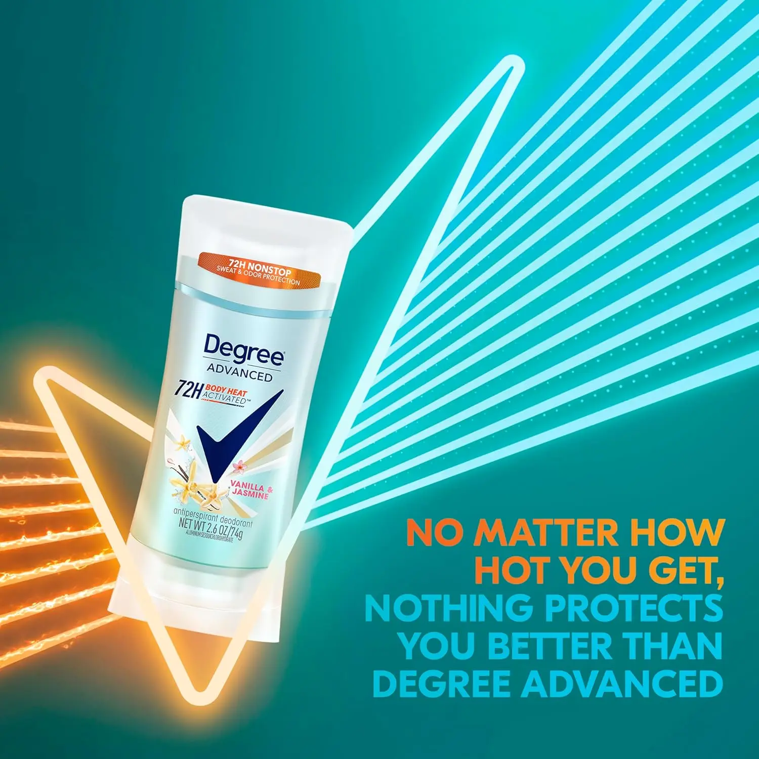 Degree Vanilla and Jasmine antiperspirant deodorant provides 72-hour odor and sweat protection for women, releasing a burst of fragrance with every move thanks to MotionSense technology.