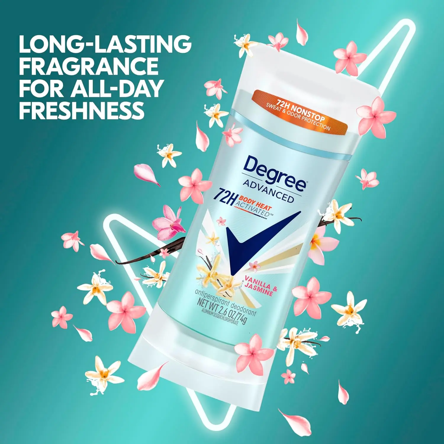 Degree Vanilla and Jasmine antiperspirant deodorant provides 72-hour odor and sweat protection for women, releasing a burst of fragrance with every move thanks to MotionSense technology.