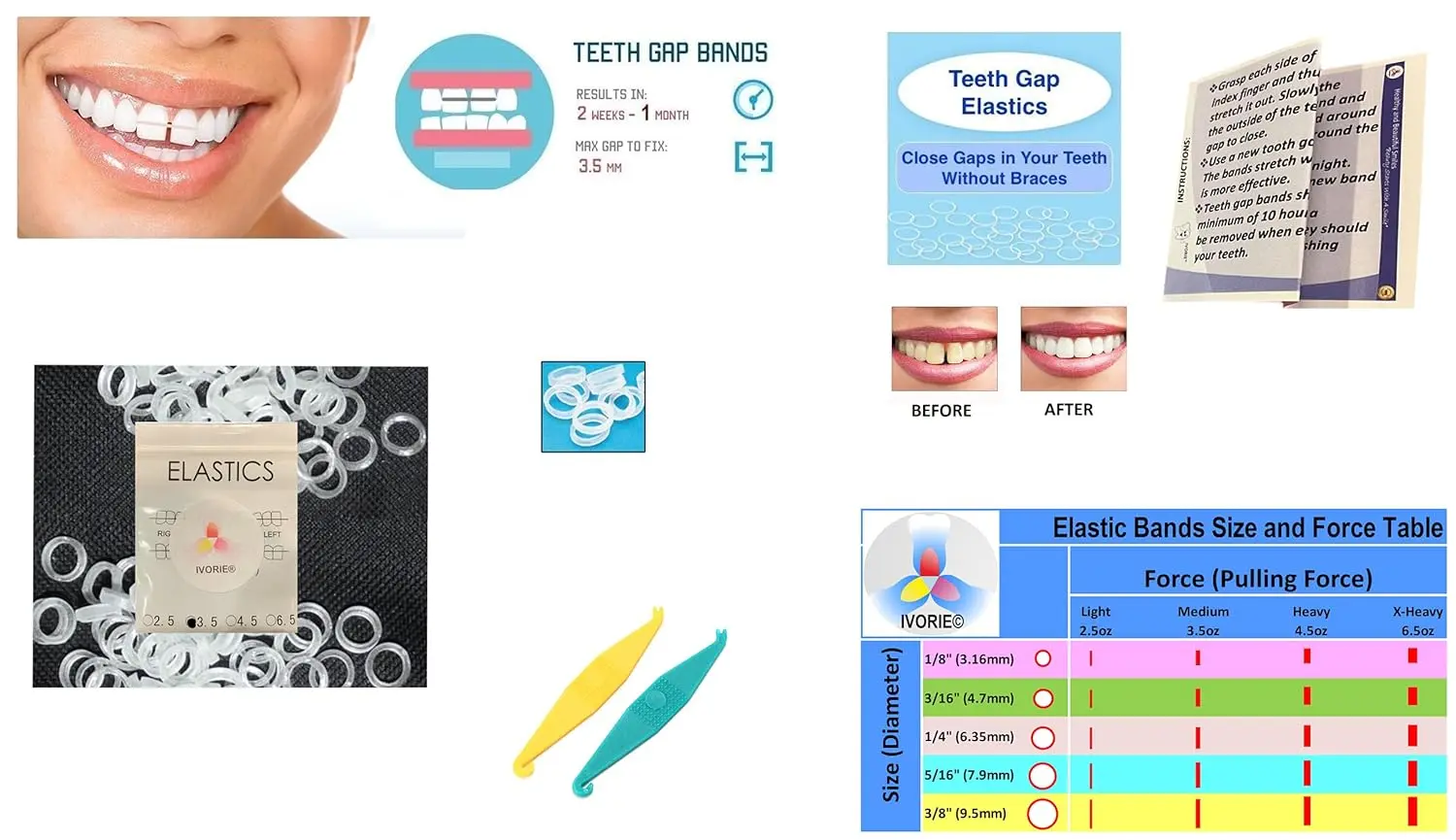 Clear orthodontic elastic rubber bands with placers to safely and permanently close teeth gaps without expensive procedures.