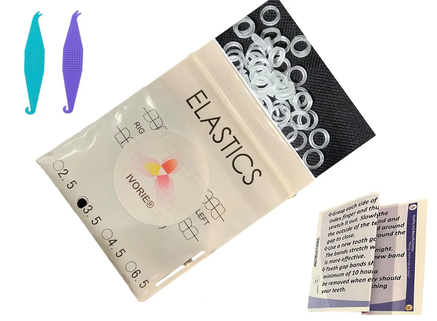 Clear orthodontic elastic rubber bands with placers to safely and permanently close teeth gaps without expensive procedures.