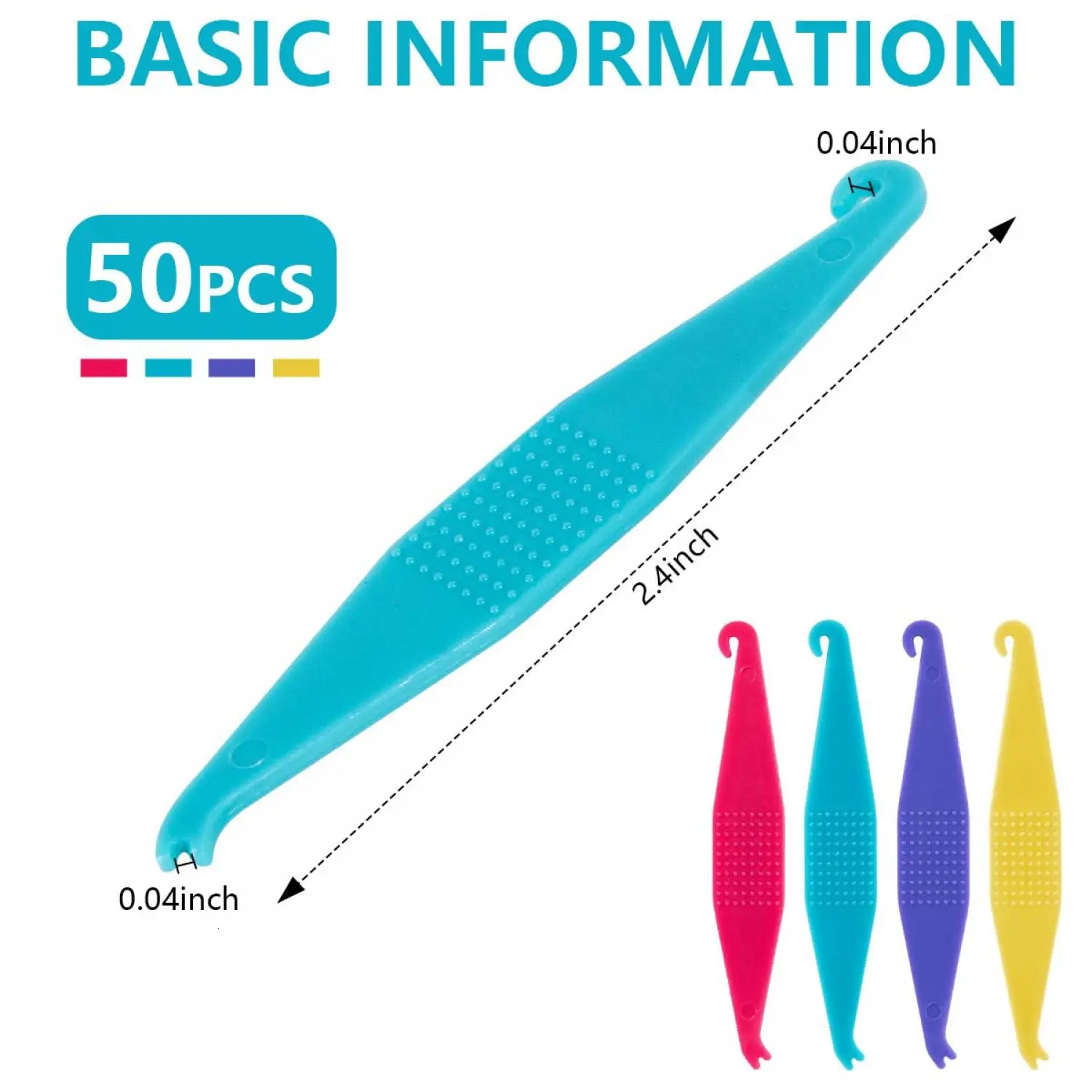 This set of 50 colorful dental elastic band placers are made of durable plastic and feature a 2-in-1 design for easy placement and removal of orthodontic brace bands.