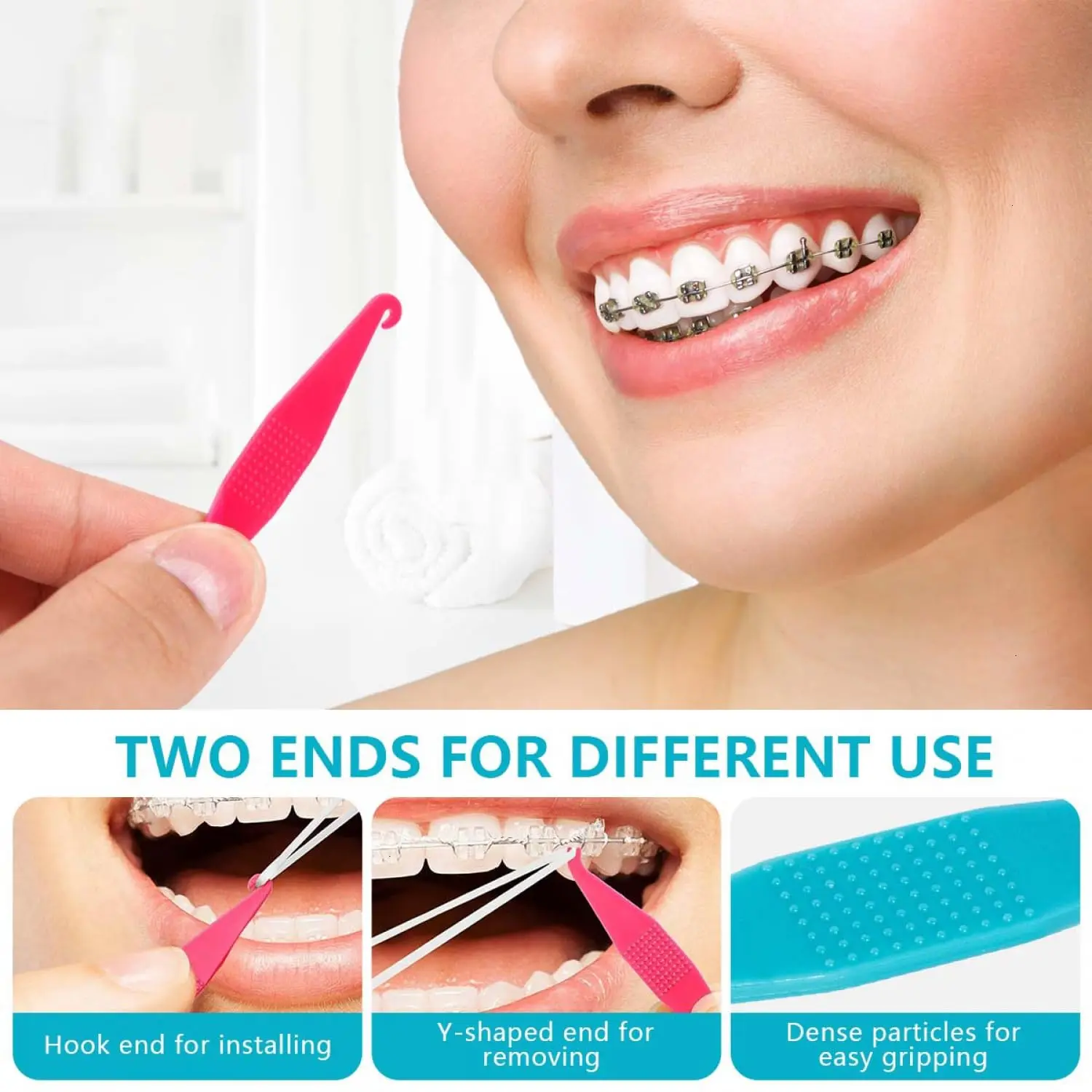 This set of 50 colorful dental elastic band placers are made of durable plastic and feature a 2-in-1 design for easy placement and removal of orthodontic brace bands.