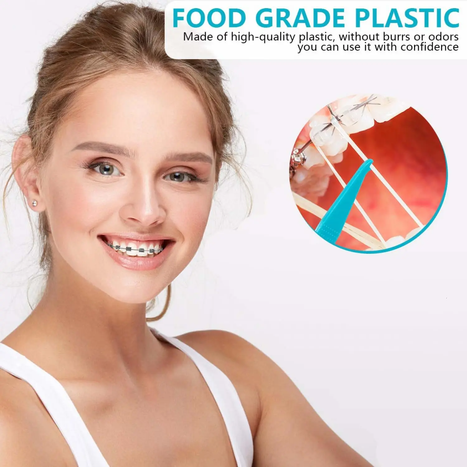 This set of 50 colorful dental elastic band placers are made of durable plastic and feature a 2-in-1 design for easy placement and removal of orthodontic brace bands.