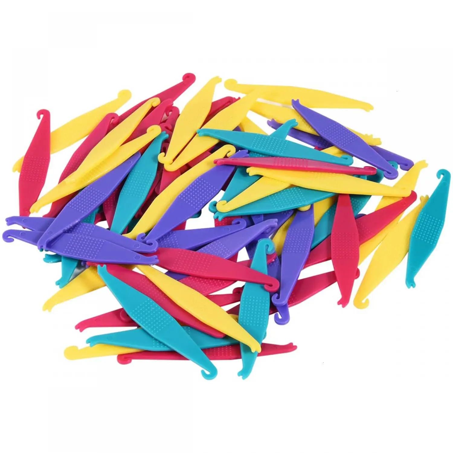This set of 50 colorful dental elastic band placers are made of durable plastic and feature a 2-in-1 design for easy placement and removal of orthodontic brace bands.