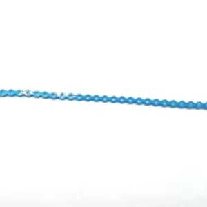 A close-up of sky blue Easyinsmile dental orthodontic elastic power chain, available in short length, showing its excellent stretch and rebound for easy braces application.