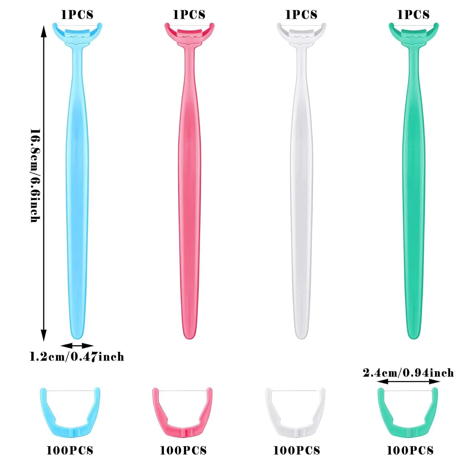 This dental floss set includes four colorful, reusable handles and 400 refill heads for easy and effective teeth cleaning for adults and kids.