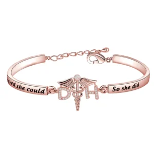 This elegant rose gold bracelet engraved with "She Could So She Did" is the perfect gift for a dental hygienist or dental assistant graduation.