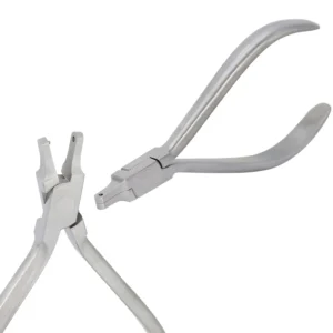 Close-up of orthodontic dental mini dot dimple plier used for thermal forming retainers and clear aligner braces.