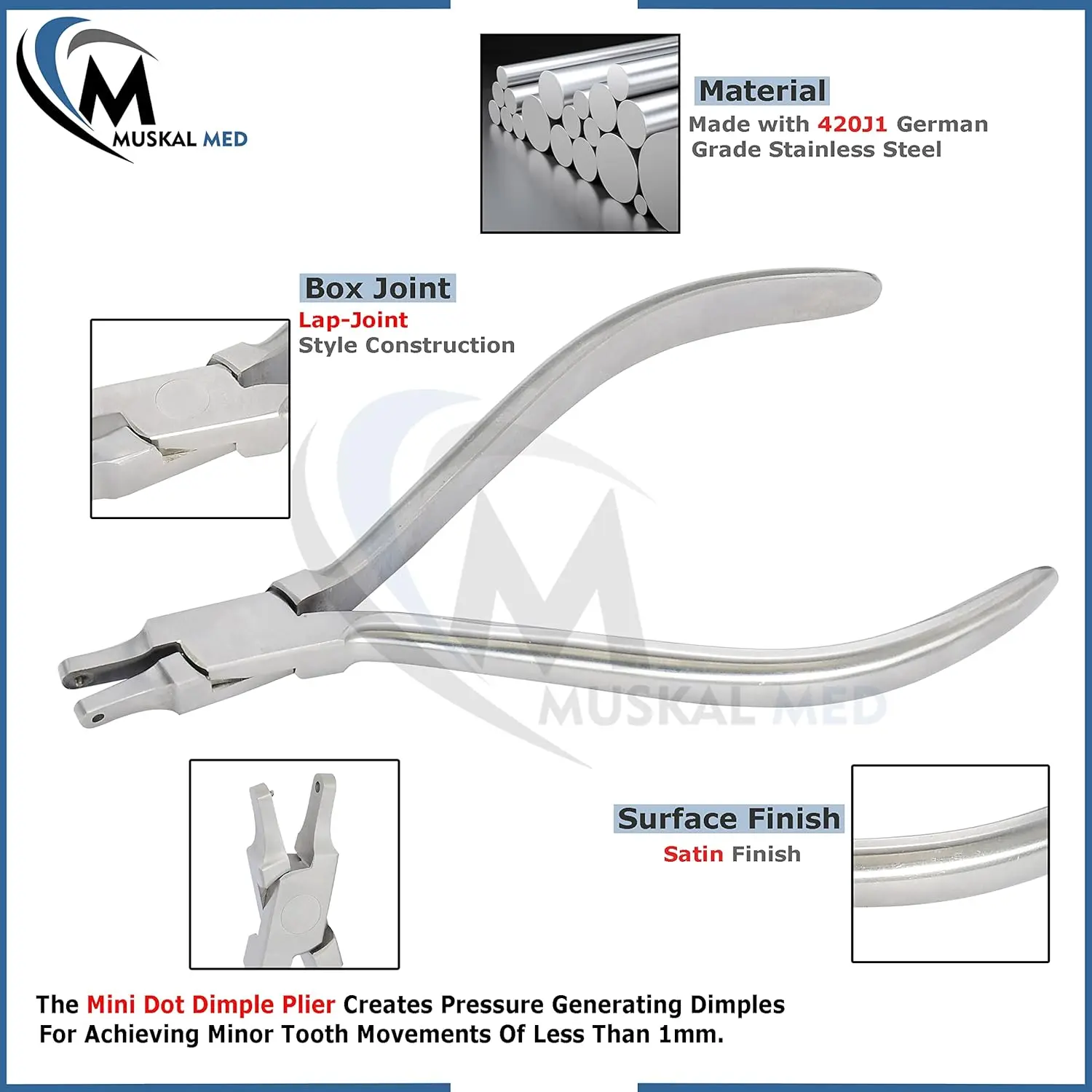 Close-up of orthodontic dental mini dot dimple plier used for thermal forming retainers and clear aligner braces.