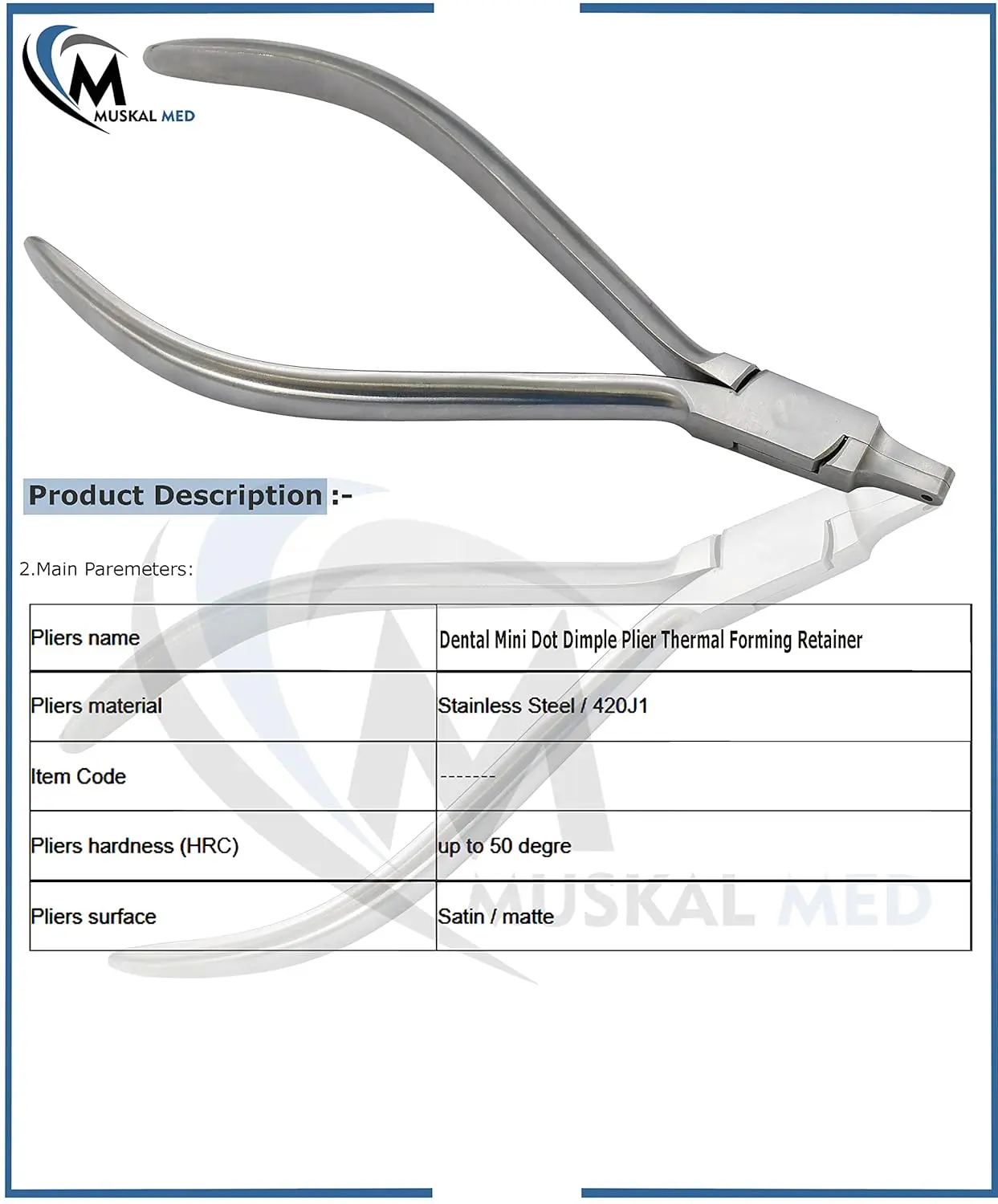 Close-up of orthodontic dental mini dot dimple plier used for thermal forming retainers and clear aligner braces.