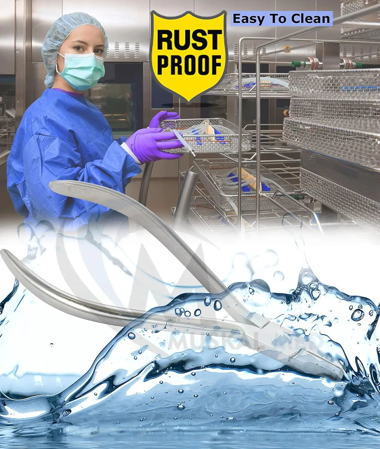 Close-up of orthodontic dental mini dot dimple plier used for thermal forming retainers and clear aligner braces.