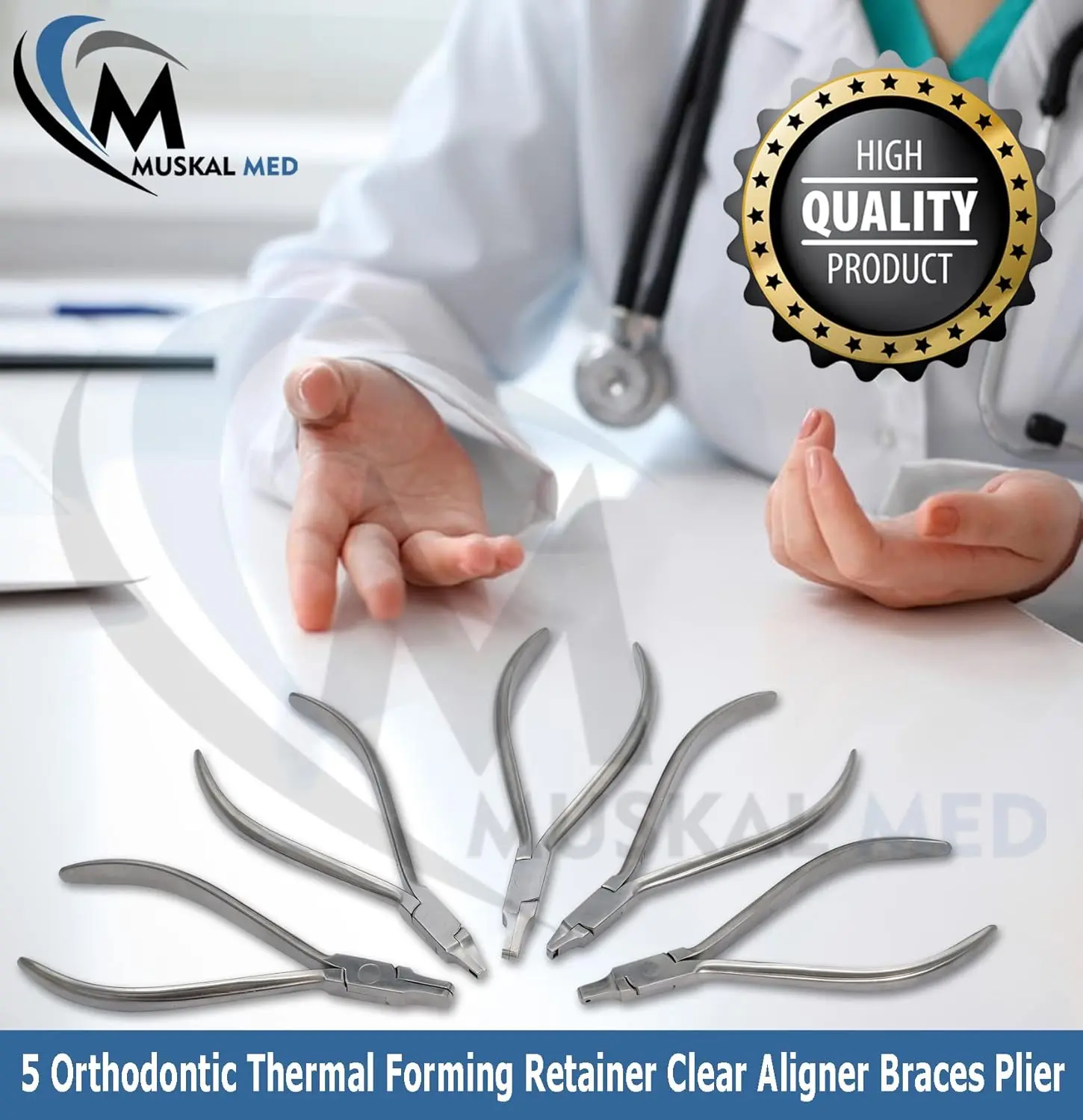 Close-up of orthodontic dental mini dot dimple plier used for thermal forming retainers and clear aligner braces.