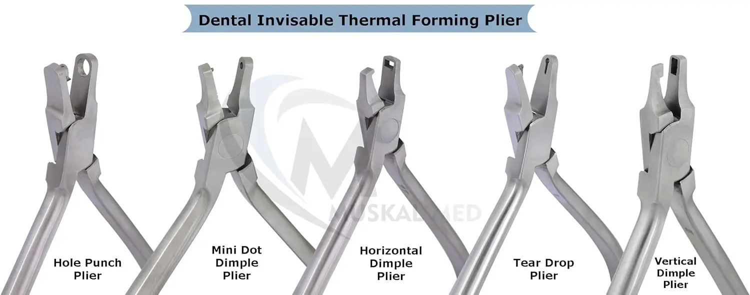 Close-up of orthodontic dental mini dot dimple plier used for thermal forming retainers and clear aligner braces.