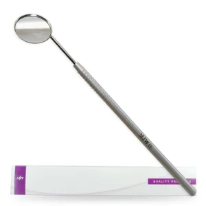 Stainless steel dental mirror tool with handle for inspecting and cleaning teeth at home.