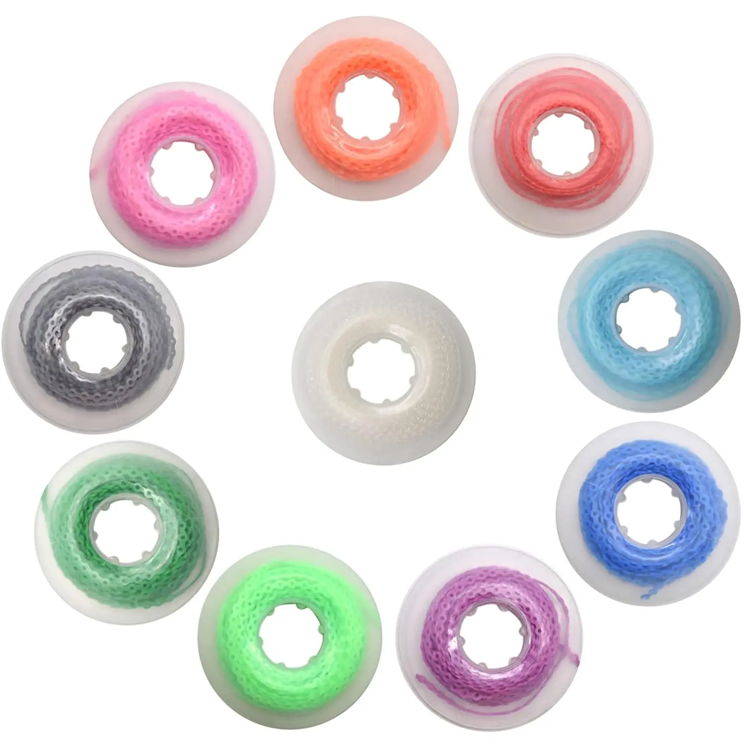 A colorful assortment of Angzhili orthodontic elastic power chains, designed for braces, providing excellent stretch and rebound, latex-free and hypo-allergenic.