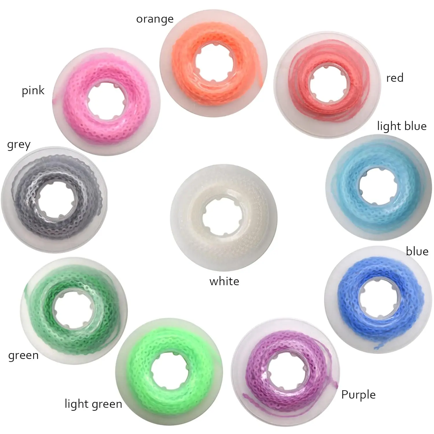 A colorful assortment of Angzhili orthodontic elastic power chains, designed for braces, providing excellent stretch and rebound, latex-free and hypo-allergenic.
