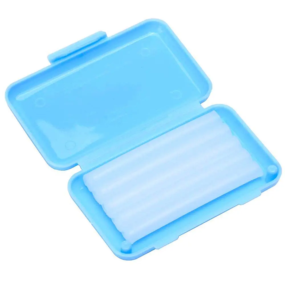A box of mint flavored dental wax for braces provides relief from wire and bracket irritation, with 5 strips allowing for up to 50 uses.