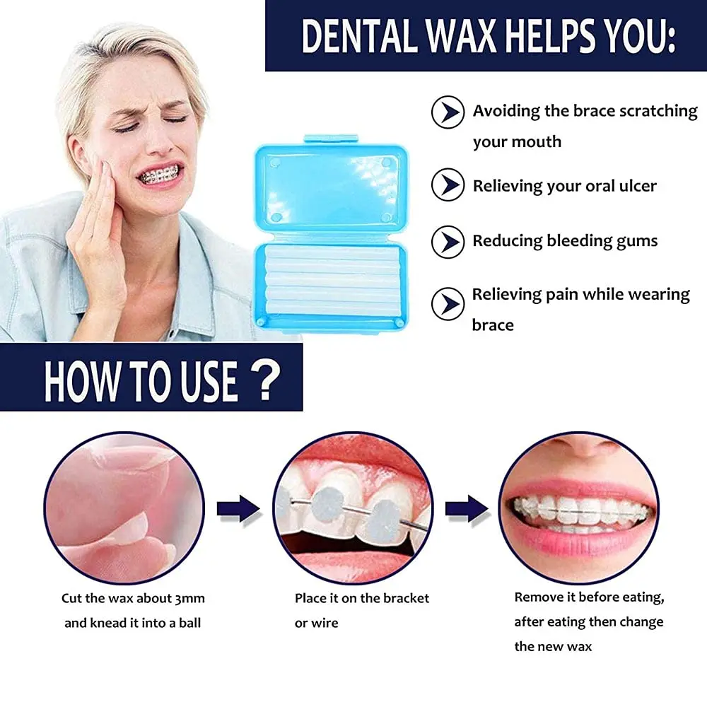 A box of mint flavored dental wax for braces provides relief from wire and bracket irritation, with 5 strips allowing for up to 50 uses.