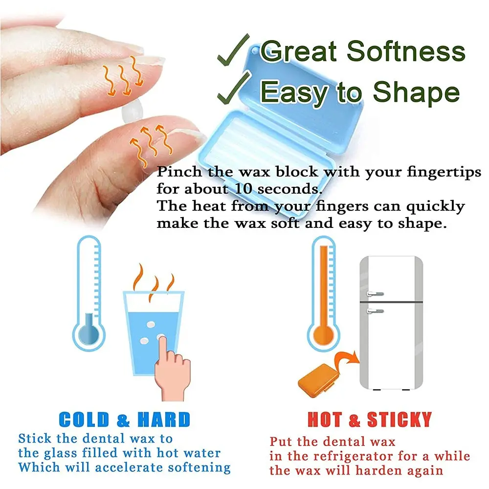 A box of mint flavored dental wax for braces provides relief from wire and bracket irritation, with 5 strips allowing for up to 50 uses.