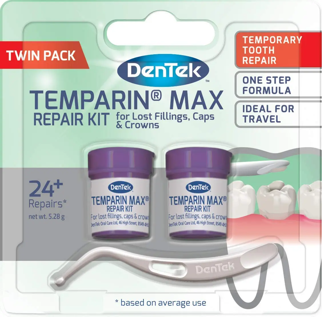 DenTek Temparin Max dental repair kit for repairing lost fillings, loose caps, crowns, and inlays with enough material for 24+ repairs.