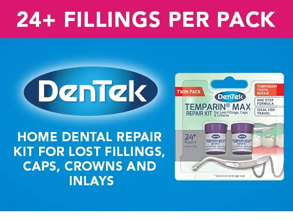DenTek Temparin Max dental repair kit for repairing lost fillings, loose caps, crowns, and inlays with enough material for 24+ repairs.