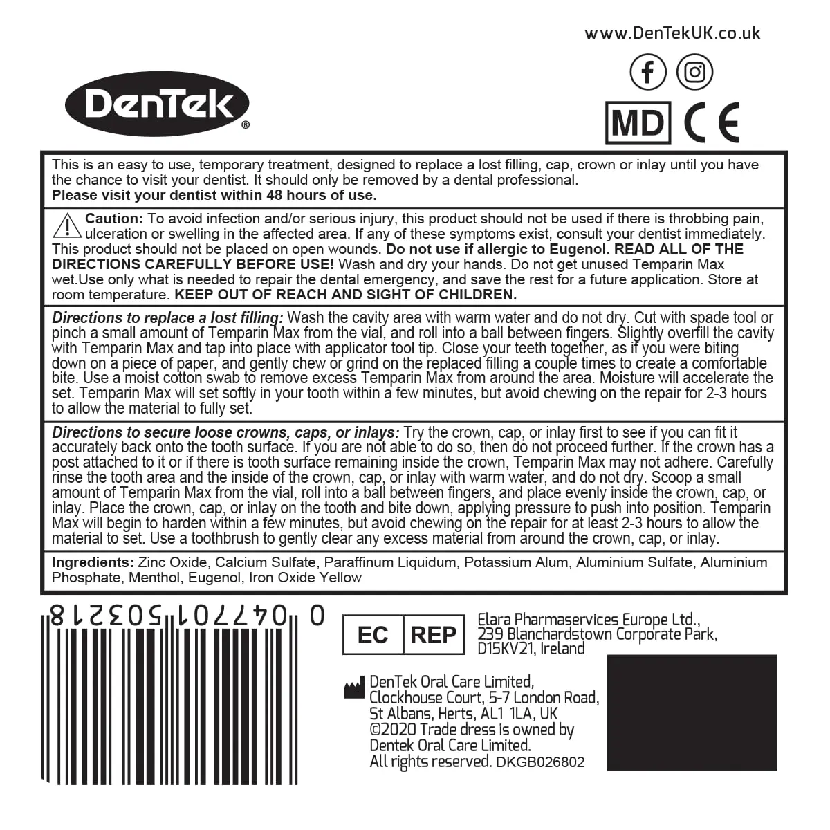 DenTek Temparin Max dental repair kit for repairing lost fillings, loose caps, crowns, and inlays with enough material for 24+ repairs.