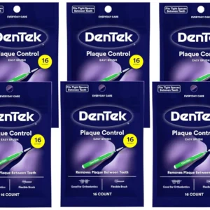 This image shows six packs of DenTek Easy Brush Cleaners for extra tight spaces, featuring a flexible handle and tapered brush to clean between most teeth, even with braces.