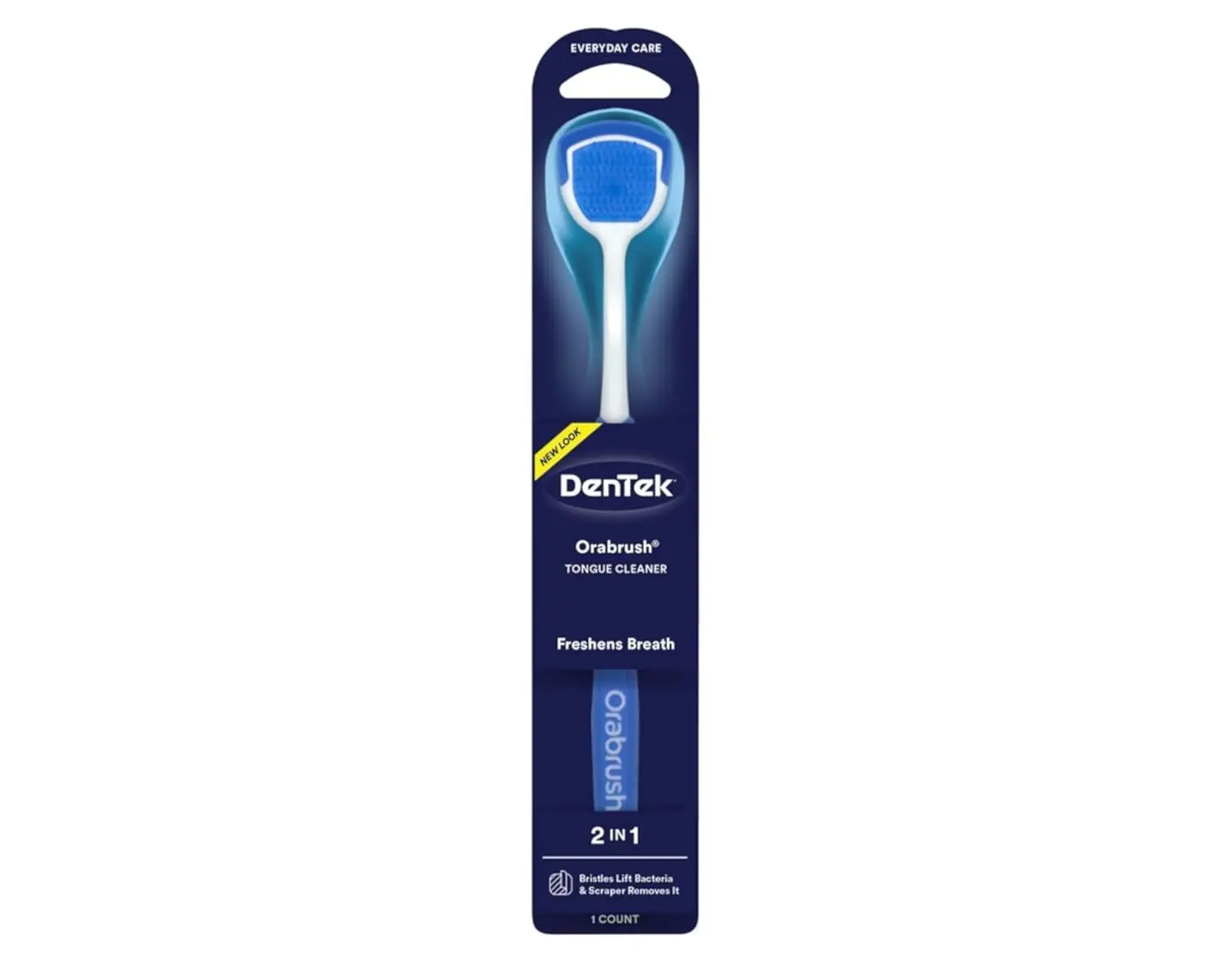 The DenTek Orabrush Tongue Cleaner uses micro-pointed bristles and a built-in scraper to reach deep and remove bacteria for fresher breath.