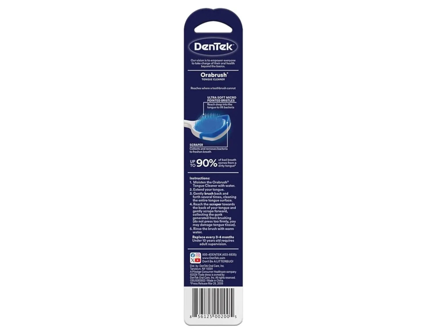 The DenTek Orabrush Tongue Cleaner uses micro-pointed bristles and a built-in scraper to reach deep and remove bacteria for fresher breath.