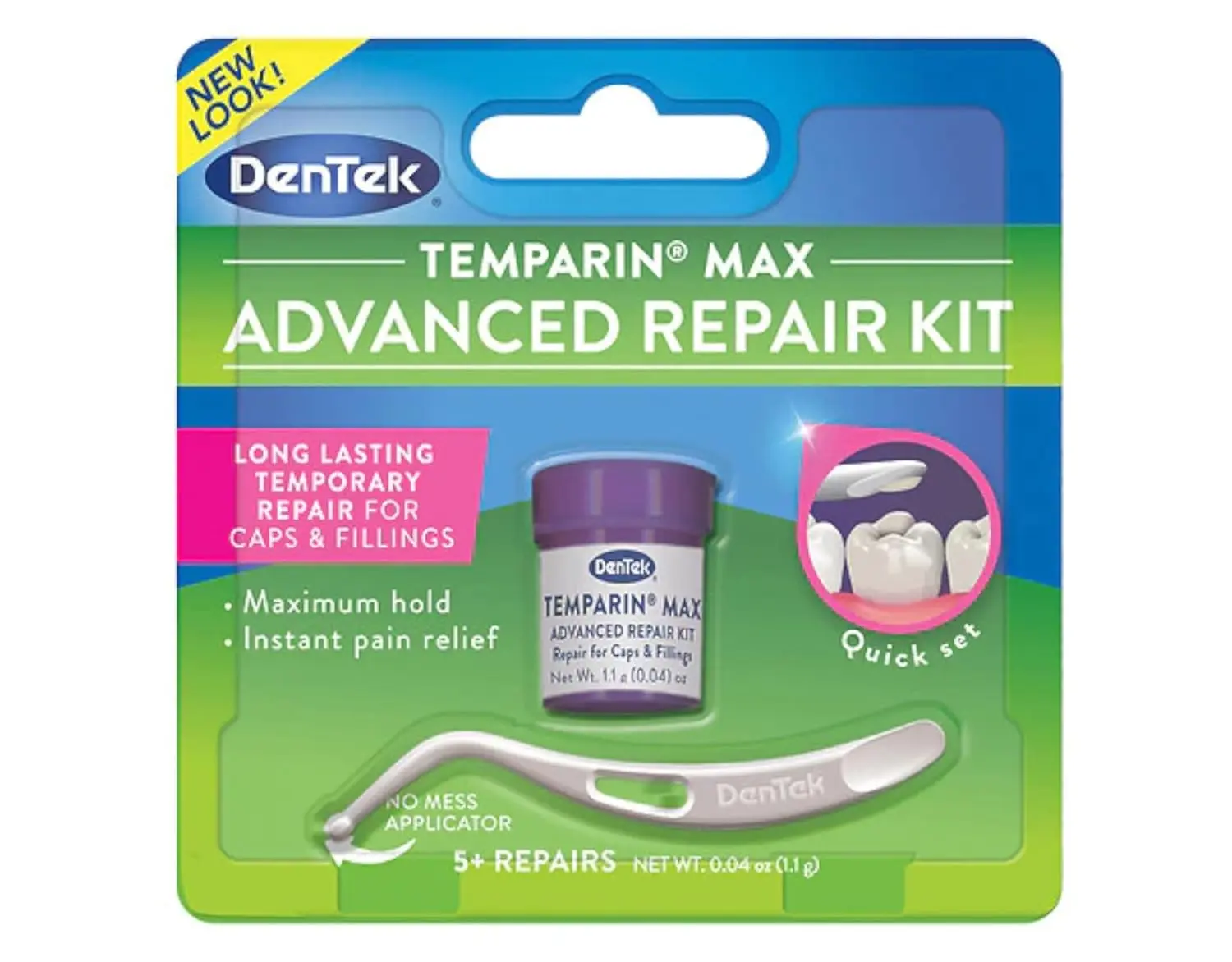 Dentek Temparin Max offers a one-step formula for 5+ repairs of lost fillings and loose caps, 0.04 ounces each.