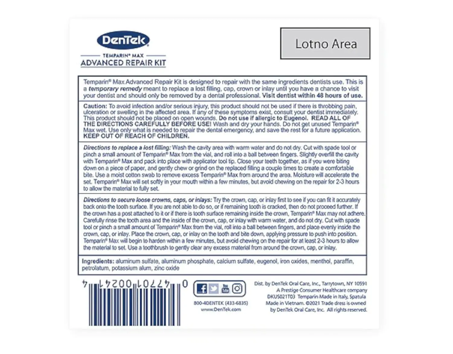 Dentek Temparin Max offers a one-step formula for 5+ repairs of lost fillings and loose caps, 0.04 ounces each.