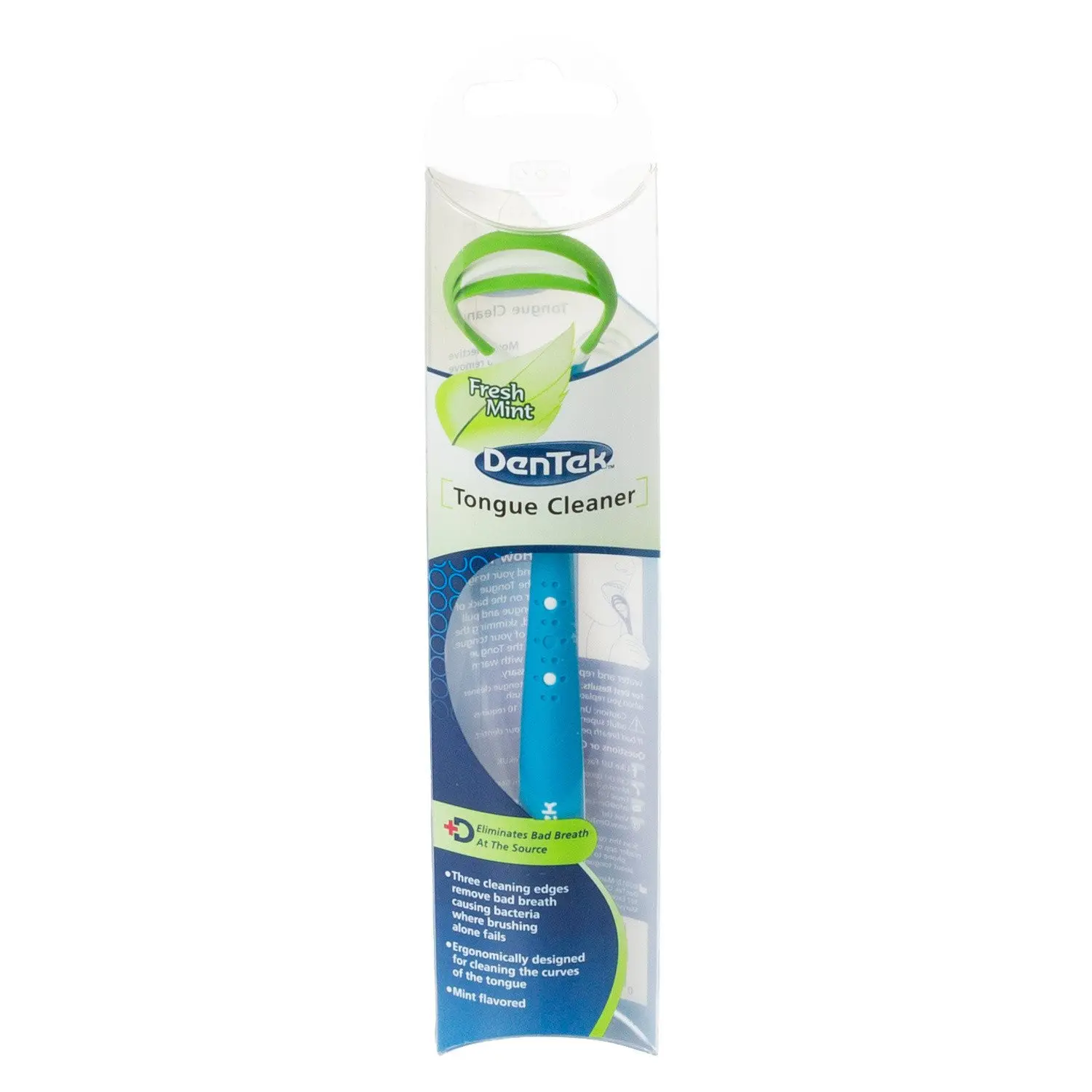 The Dentek Tongue Cleaner in fresh mint flavor easily removes bacteria and plaque for a healthier mouth and fresher breath.