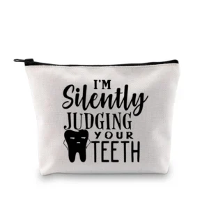 This canvas zipper pouch with "I'm Silently Judging Your Teeth" makes a funny and unique gift for dentists, dental hygienists, and dental assistants.