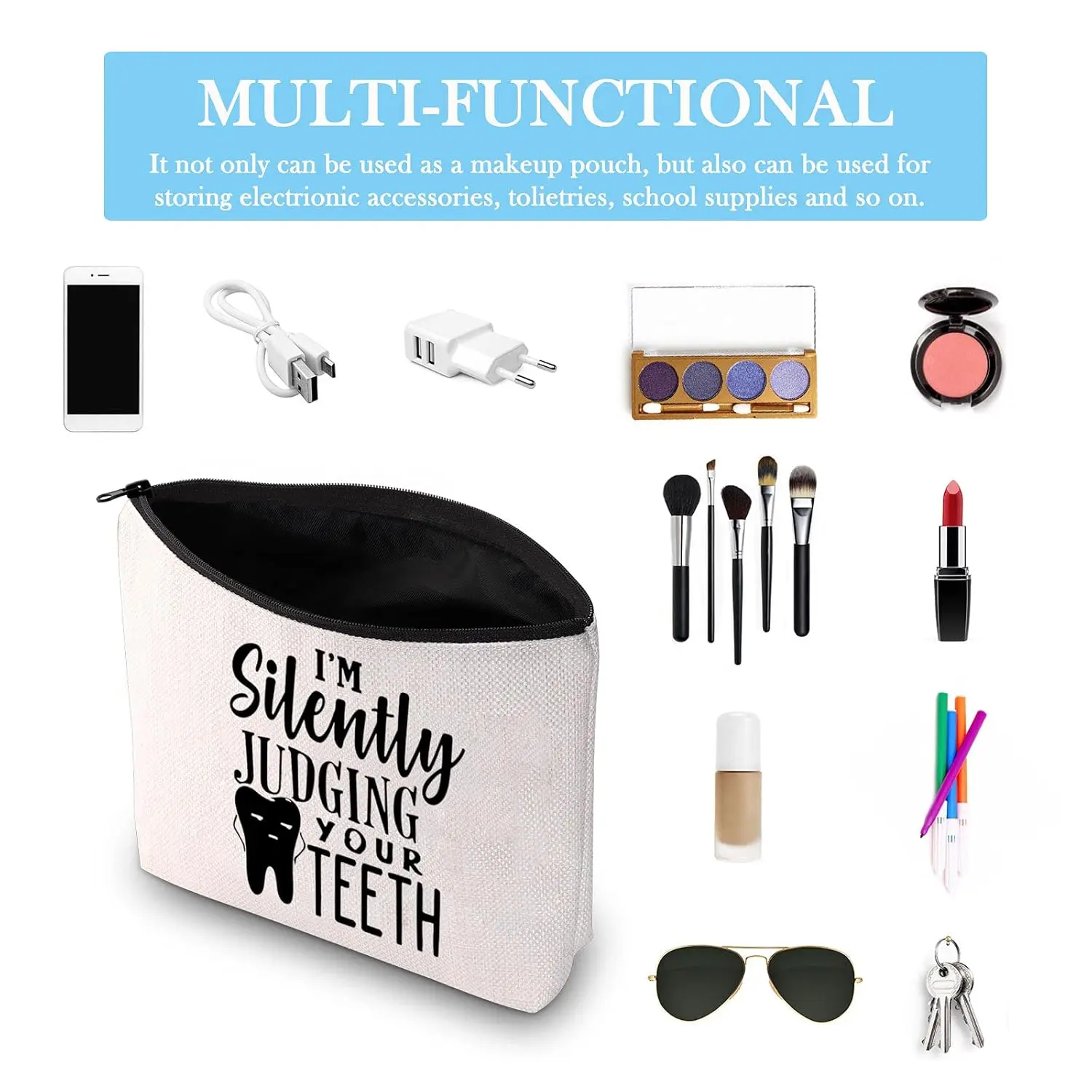 This canvas zipper pouch with "I'm Silently Judging Your Teeth" makes a funny and unique gift for dentists, dental hygienists, and dental assistants.