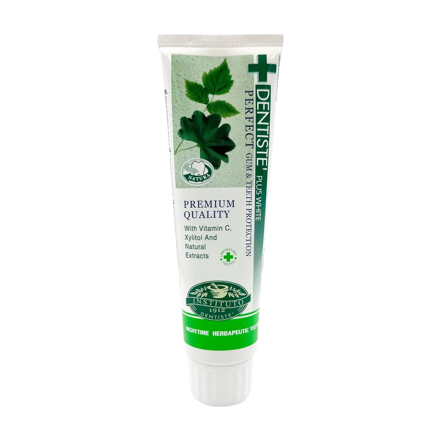 A tube of Dentiste' Nighttime Herbapeutic Toothpaste with 14 natural extracts, xylitol, and vitamin C designed to inhibit nighttime oral bacteria and freshen breath.