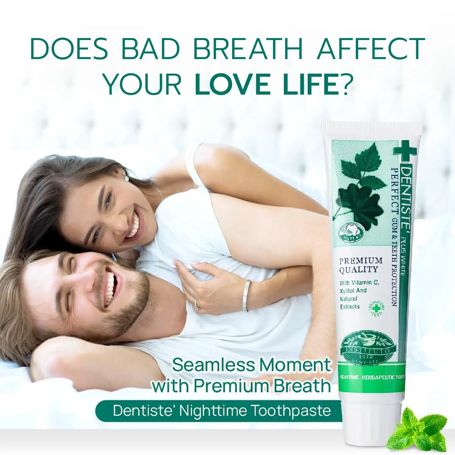 A tube of Dentiste' Nighttime Herbapeutic Toothpaste with 14 natural extracts, xylitol, and vitamin C designed to inhibit nighttime oral bacteria and freshen breath.