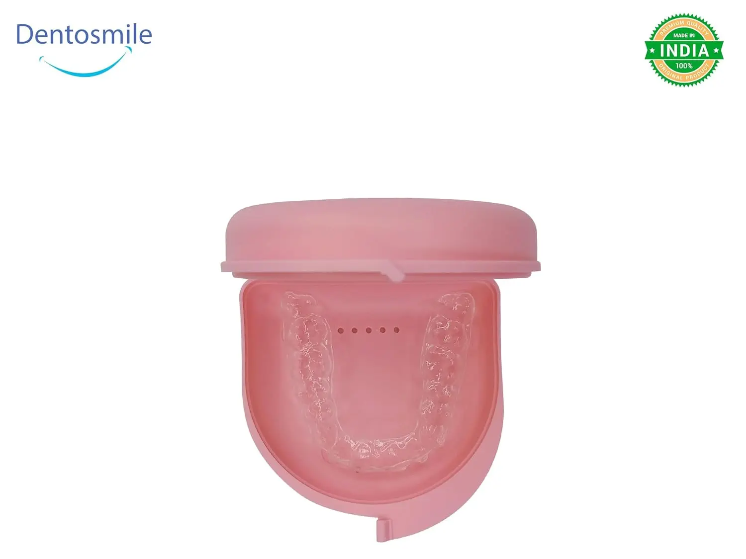 Pink Dentosmile orthodontic retainer case for aligner, mouth guard, or denture storage.