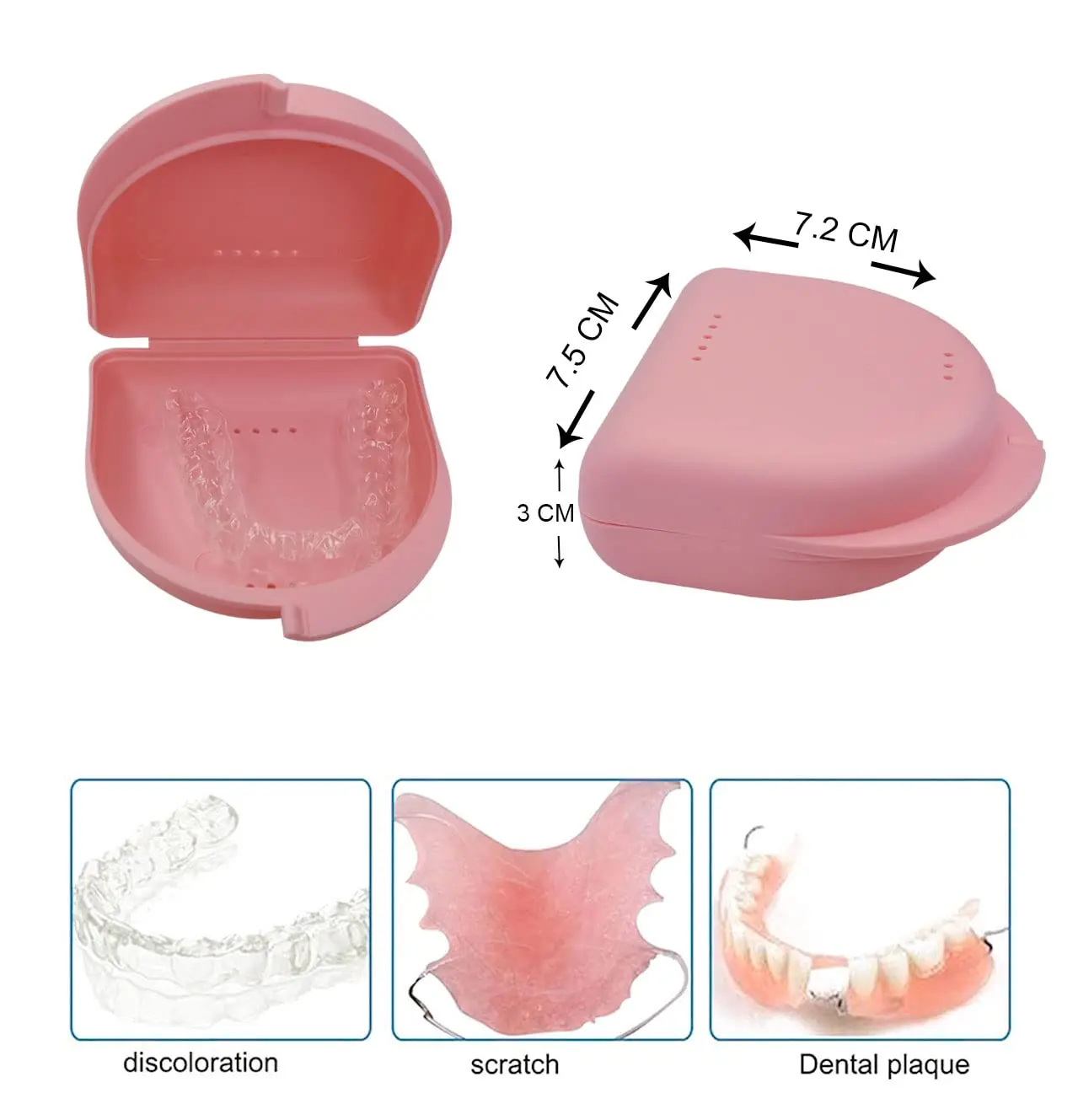 Pink Dentosmile orthodontic retainer case for aligner, mouth guard, or denture storage.