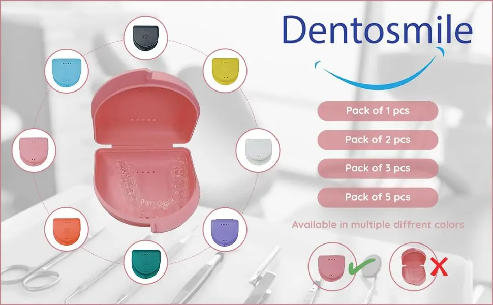 Pink Dentosmile orthodontic retainer case for aligner, mouth guard, or denture storage.