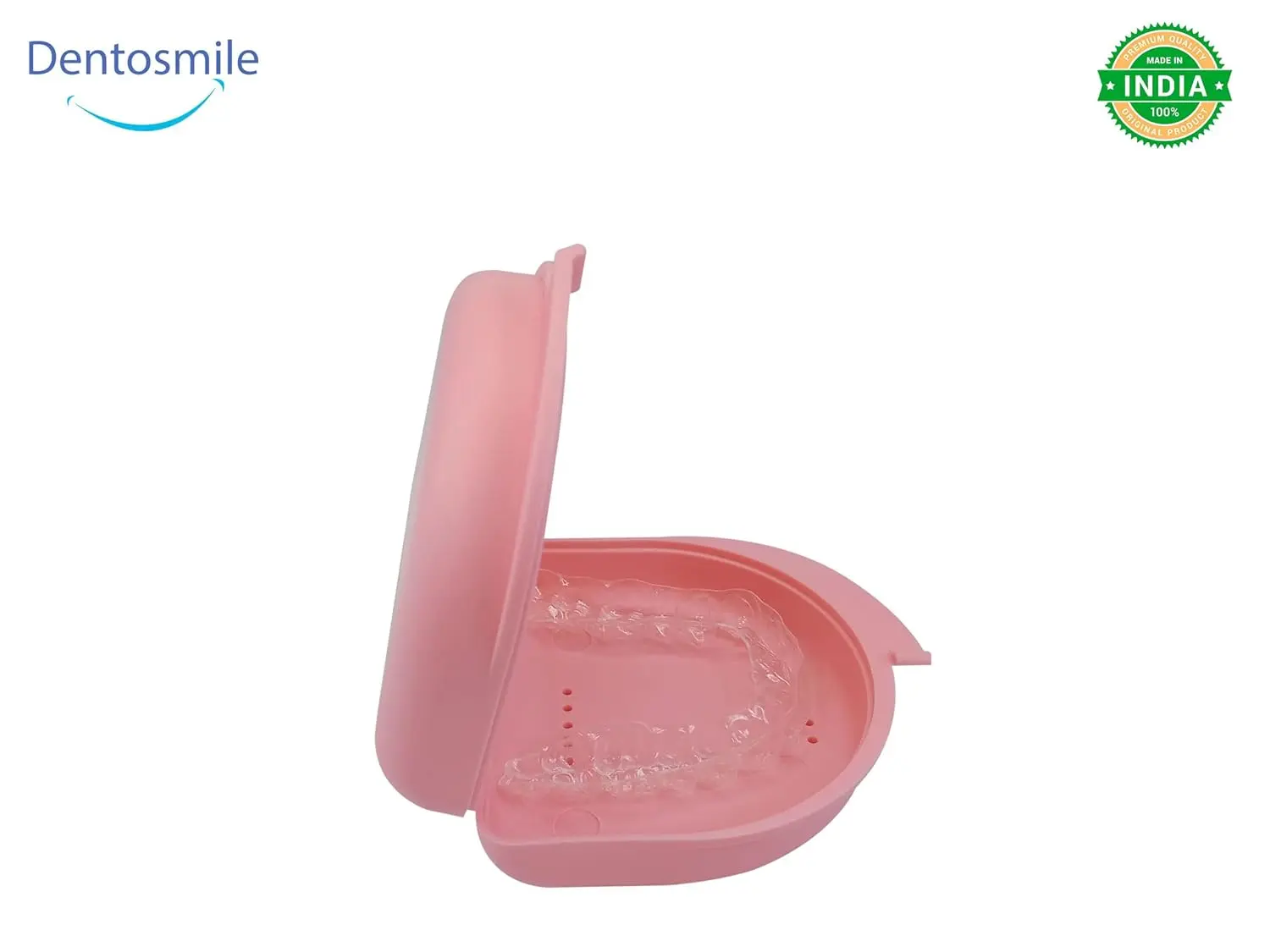 Pink Dentosmile orthodontic retainer case for aligner, mouth guard, or denture storage.
