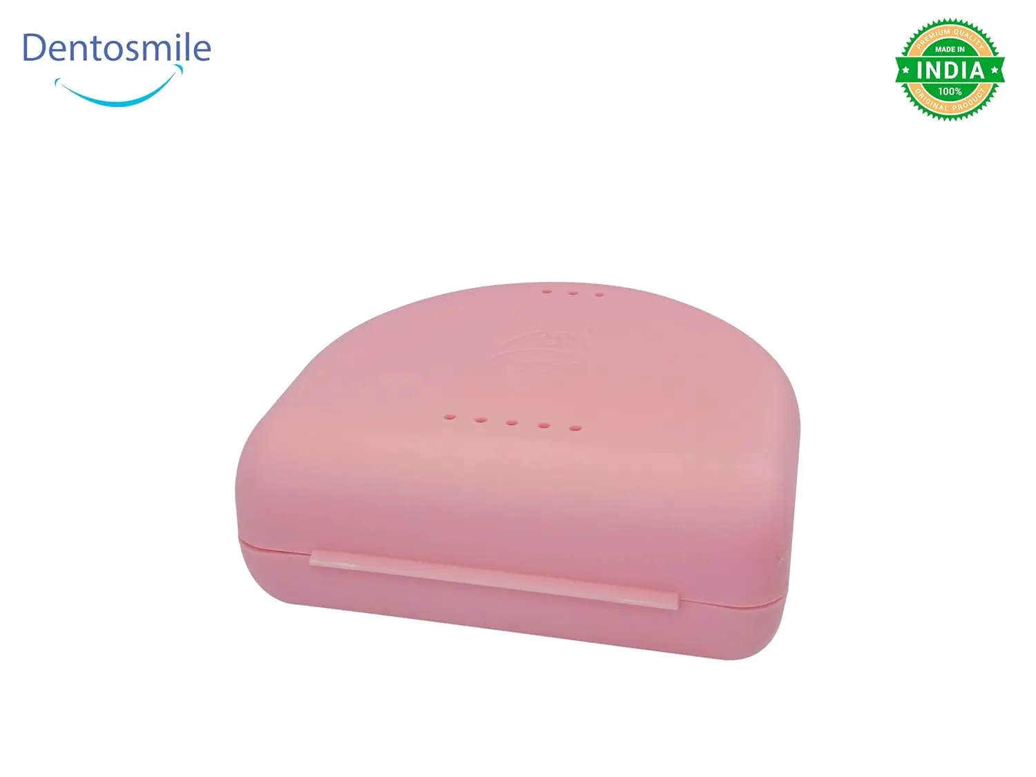 Pink Dentosmile orthodontic retainer case for aligner, mouth guard, or denture storage.
